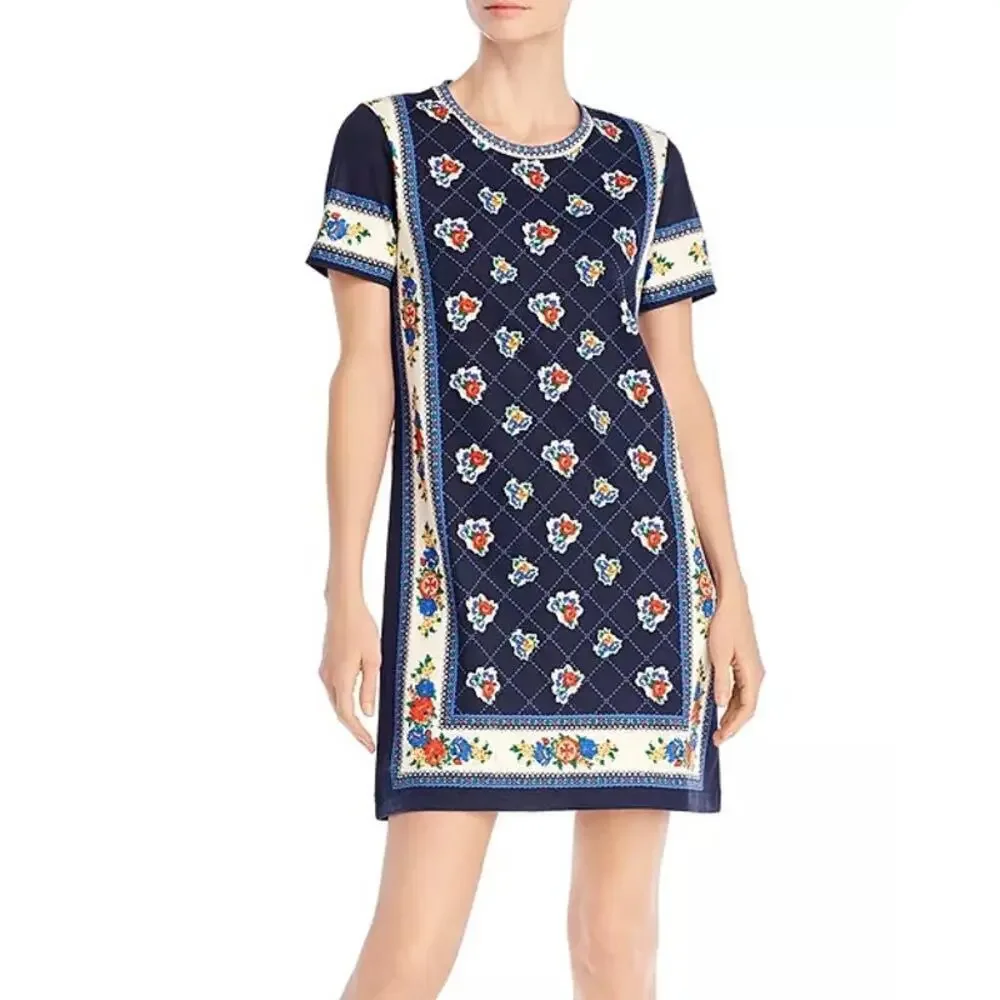 Tory Burch Printed Shirt Dress Navy Tea Rose Border Size Small